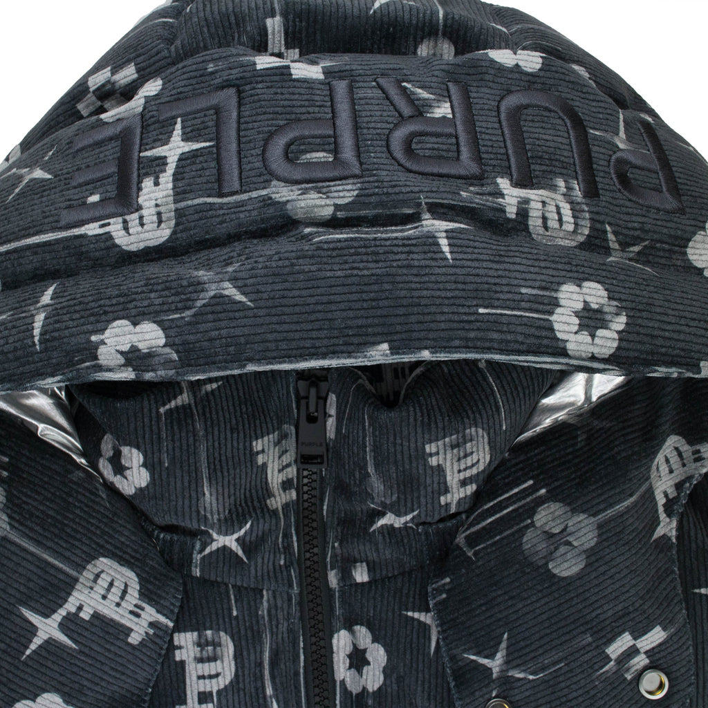 Black Printed Corduroy AOP Puffer Vest