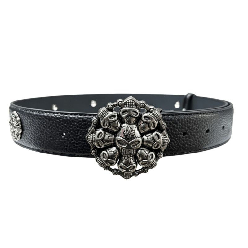 Vintage Punk Skull Mask Buckle Belt Litchi Grain Western Rivet Waist