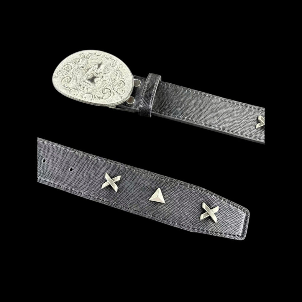 Vintage Cement Gray Bull Belt Metal Studs Full Grain Leather Waist