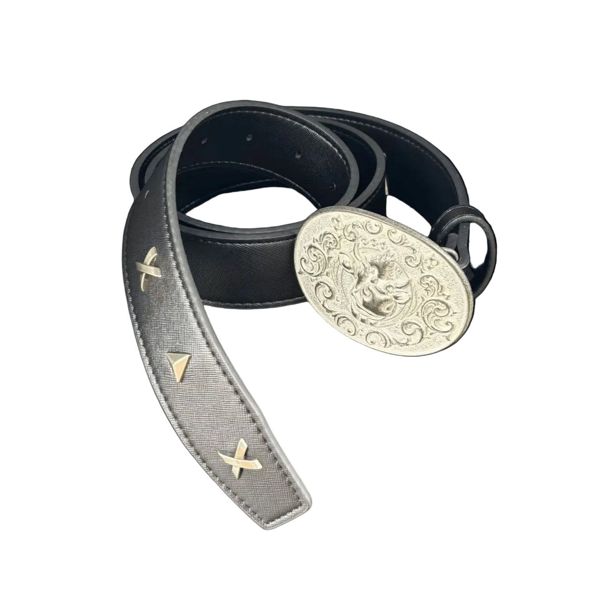 Vintage Cement Gray Bull Belt Metal Studs Full Grain Leather Waist