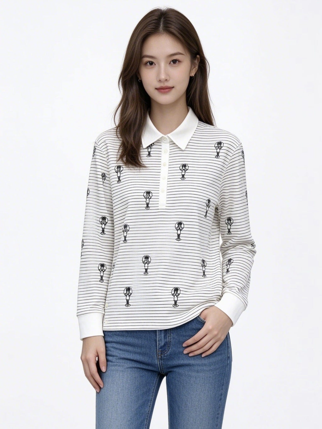 Thom Browne Style Balloon-Embroidered Striped Long-Sleeve Polo