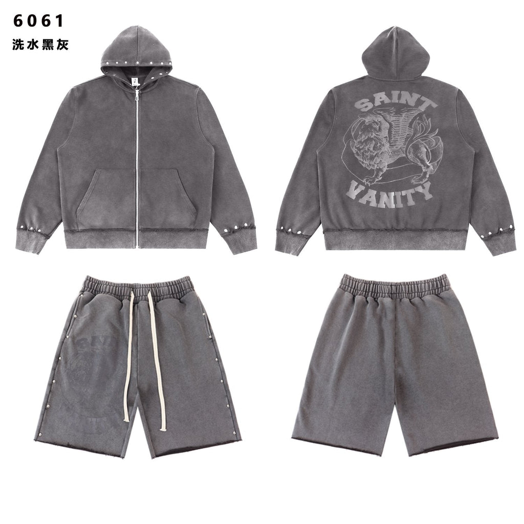 SAINT Washed Animal Graphic Zip Hoodie & Shorts Set