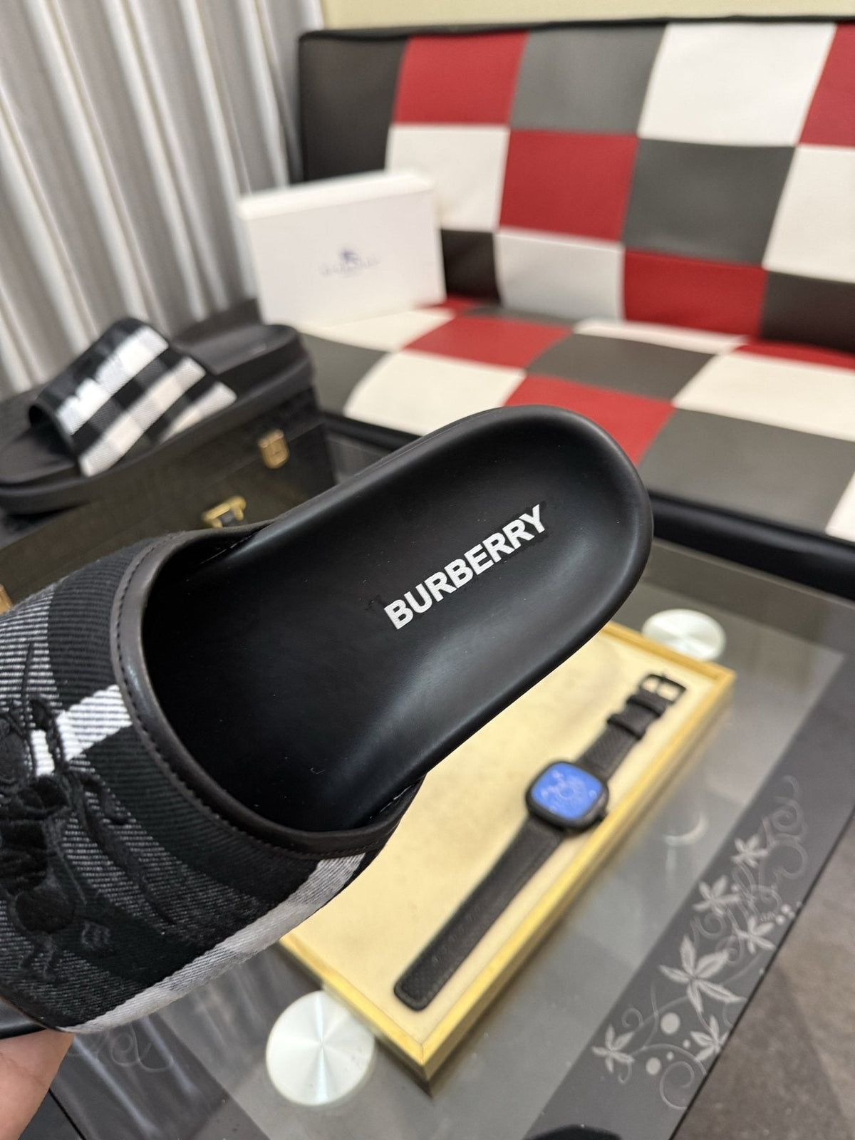 Burberry Plaid Horse Motif Slide Sandals
